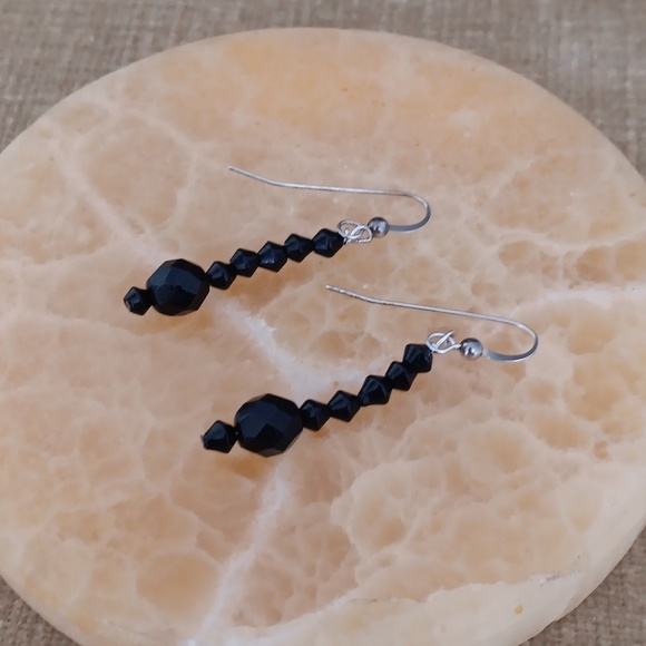 Silver Tone Black Faceted Beaded Dangle Earrings - Picture 2 of 5
